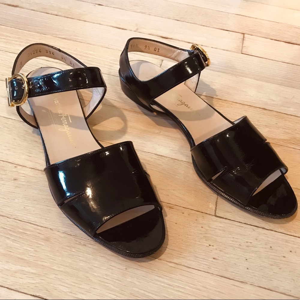 Ferragamo Patent Sandals with Gold Buckle